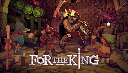 Official cover art for the strategy RPG For The King featuring low-poly adventurers in a vibrant fantasy landscape.