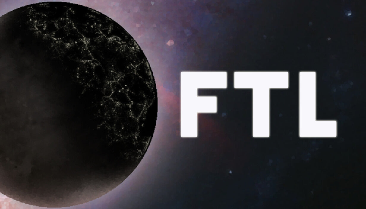 Cover art for the strategy simulation game FTL: Faster Than Light featuring a dark, shadowed planet against a starry background.
