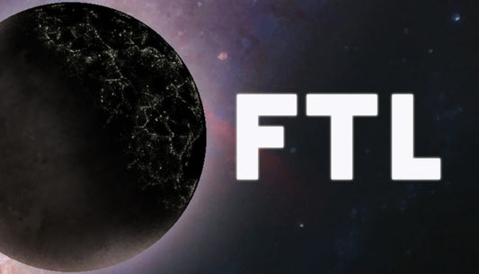 Cover art for the strategy simulation game FTL: Faster Than Light featuring a dark, shadowed planet against a starry background.