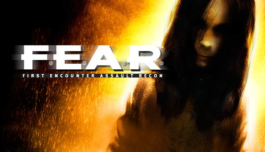 Official cover art for the FPS horror game F.E.A.R. featuring a soldier and a mysterious young girl.