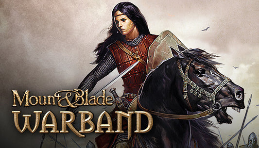 Action-packed cover art for Mount and Blade Warband featuring a medieval warrior on horseback during a chaotic battle.