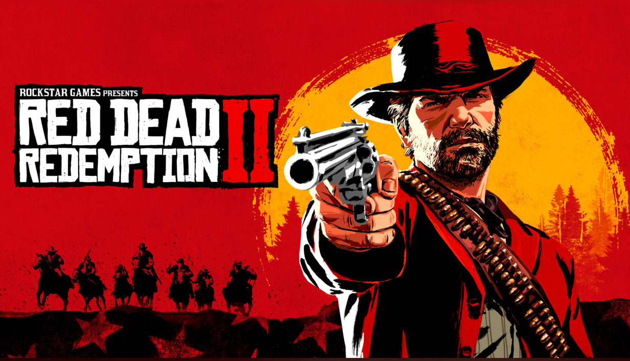 Official cover art for Red Dead Redemption 2 featuring a gunslinger silhouette against a stylized red and orange sunset background.