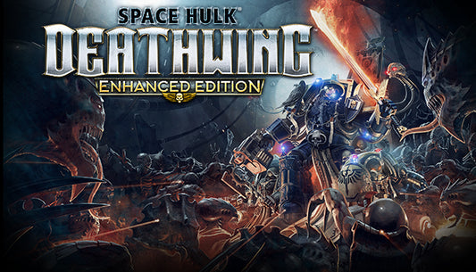 Official cover art for Space Hulk: Deathwing Enhanced Edition featuring a Terminator in a dark, atmospheric sci-fi setting.