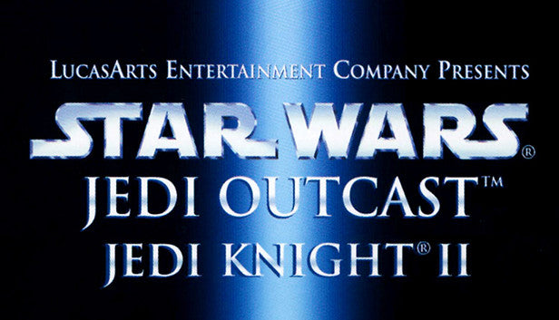 Official cover art for the action game Star Wars: Jedi Knight II - Jedi Outcast featuring Kyle Katarn with a lightsaber.