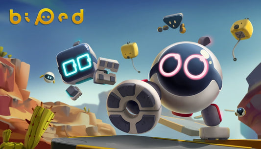 Official cover art for the puzzle game Biped featuring two small, rounded robots on a colorful, stylized planet.