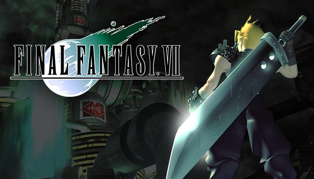 Official cover art for Final Fantasy VII featuring the protagonist Cloud Strife facing the Shinra building.