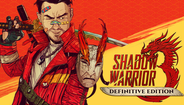Cover art for Shadow Warrior 3: Definitive Edition featuring Lo Wang wearing a red jacket and holding a horned oni mask.