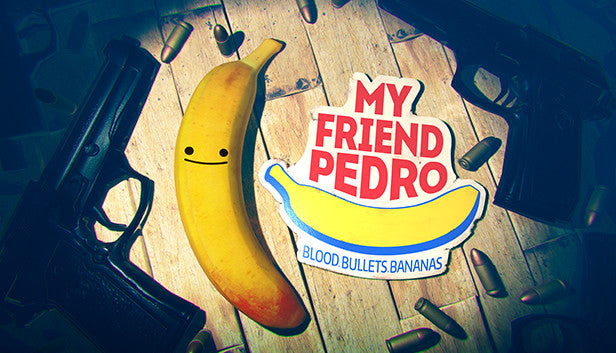 Official cover art for My Friend Pedro featuring a masked character performing an acrobatic mid-air gunfight.