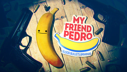 Official cover art for My Friend Pedro featuring a masked character performing an acrobatic mid-air gunfight.
