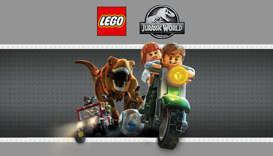 Official cover art for LEGO Jurassic World featuring a T-Rex and characters from the film franchise in a jungle setting.