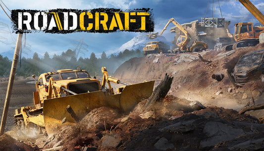 Official cover art for the simulation game RoadCraft featuring heavy machinery and construction vehicles in an outdoor setting.