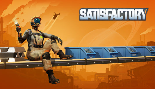 Official cover art for the simulation and building game Satisfactory featuring industrial machinery on an alien planet.