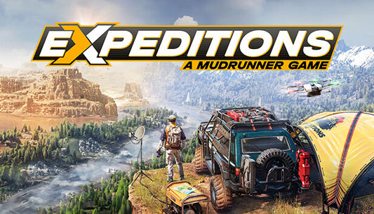 Official cover art for Expeditions: A MudRunner Game featuring an off-road vehicle navigating a rugged, rocky landscape.