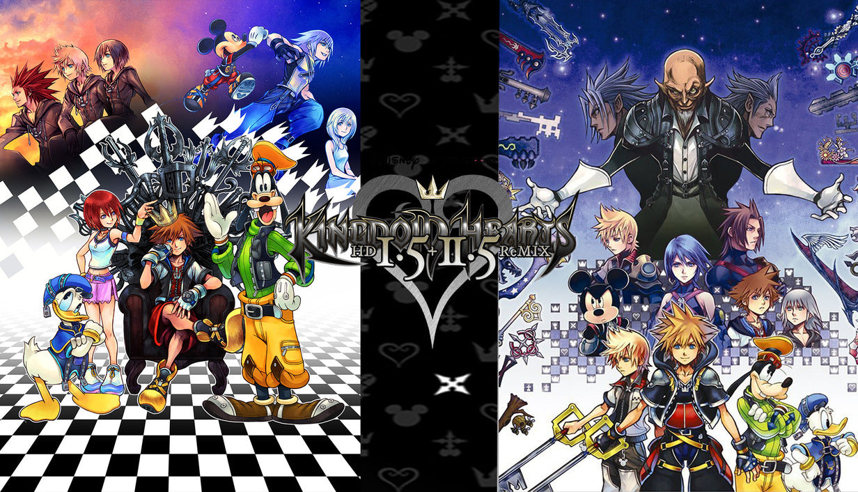 Official cover art for Kingdom Hearts HD 1.5+2.5 ReMIX featuring Sora and friends with iconic Disney and Square Enix characters.
