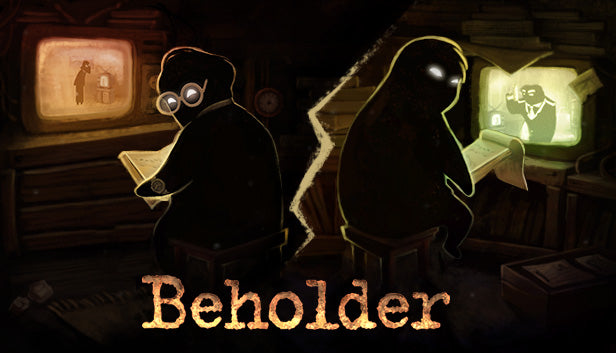 Cover art for the indie simulation game Beholder depicting two shadowed figures sitting back-to-back while monitoring security screens.