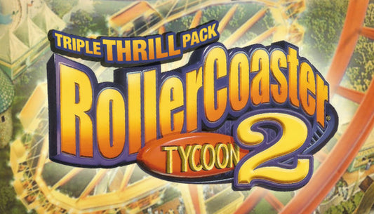 Official cover art for RollerCoaster Tycoon 2: Triple Thrill Pack featuring a colorful, bustling theme park.