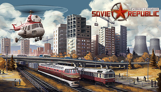 Game cover art for Workers & Resources: Soviet Republic featuring industrial machinery and Soviet-style architecture.