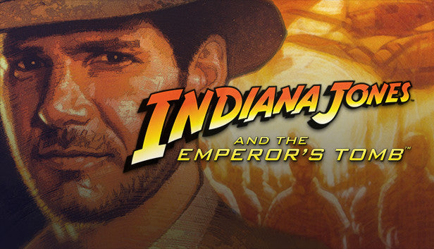 Official cover art for Indiana Jones and the Emperor's Tomb featuring Indiana Jones holding a whip and a torch.