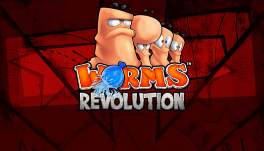 Official cover art for the strategy game Worms Revolution featuring a cartoon worm soldier in a dynamic, 3D environment.