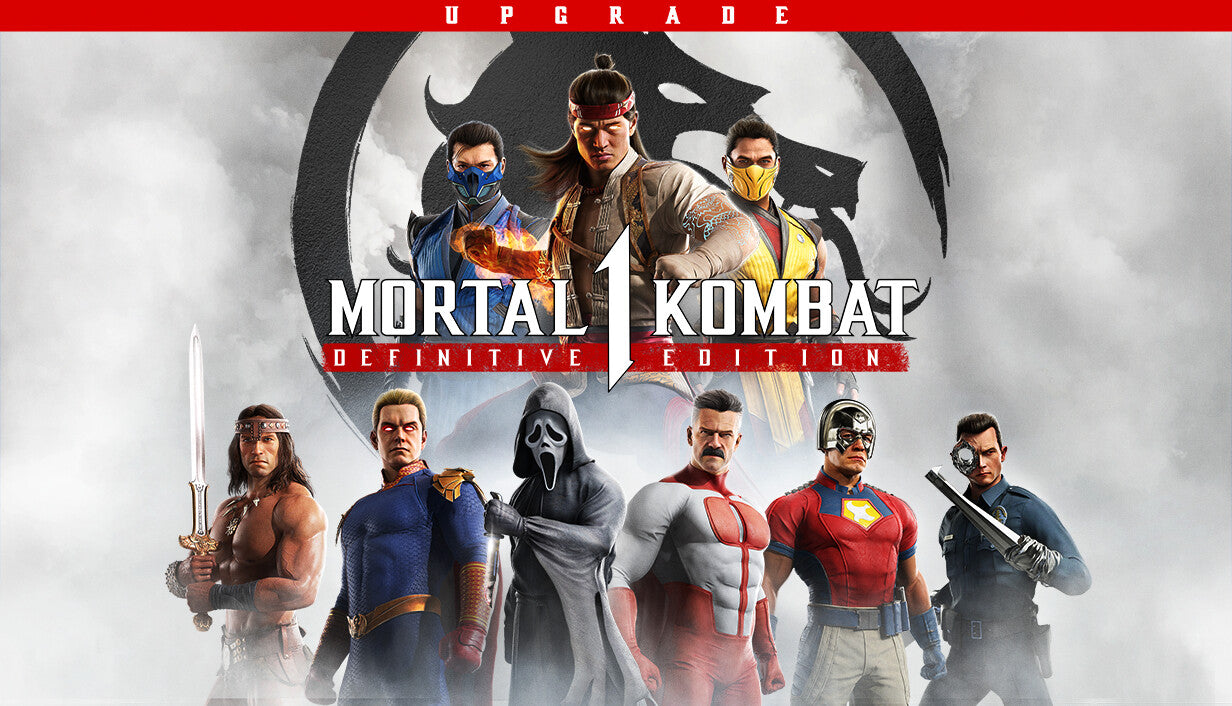 Cover art for Mortal Kombat 1 Definitive Edition Upgrade, displaying a roster of fighters including Sub-Zero, Scorpion, and guest characters like Ghostface, Omni-Man, Peacemaker, and Conan the Barbarian, against a smoky white background.