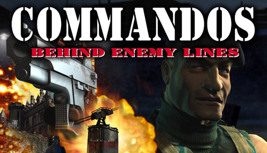 Official cover art for the tactical strategy game Commandos: Behind Enemy Lines featuring elite soldiers in a war zone.