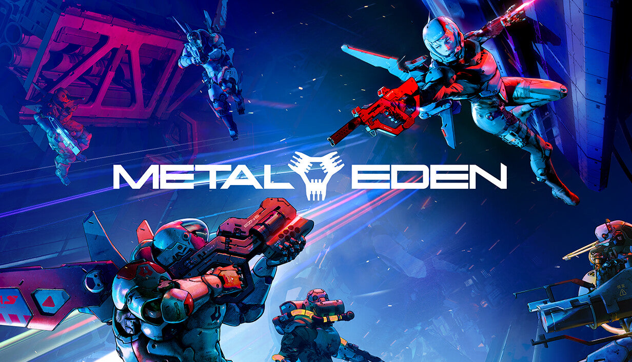 Dynamic sci-fi cover art for METAL EDEN showing several soldiers in sleek, high-tech armored suits floating in a neon blue and purple zero-gravity environment, aiming glowing futuristic weapons during combat.
