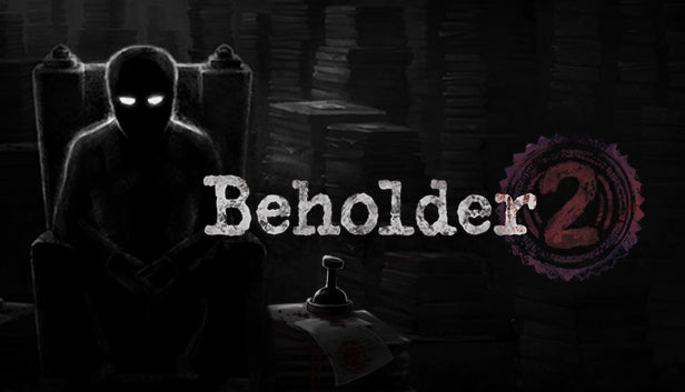 Cover art for the strategy simulation game Beholder 2 featuring a dark figure with glowing eyes sitting on a throne made of stacked paperwork.