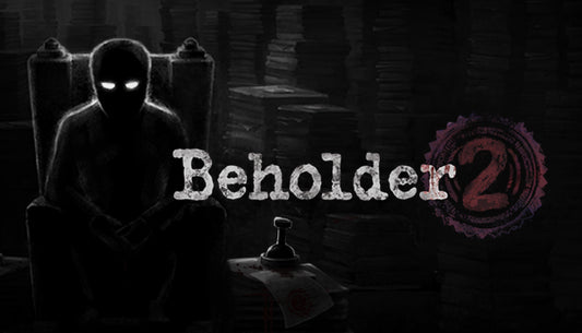 Cover art for the strategy simulation game Beholder 2 featuring a dark figure with glowing eyes sitting on a throne made of stacked paperwork.