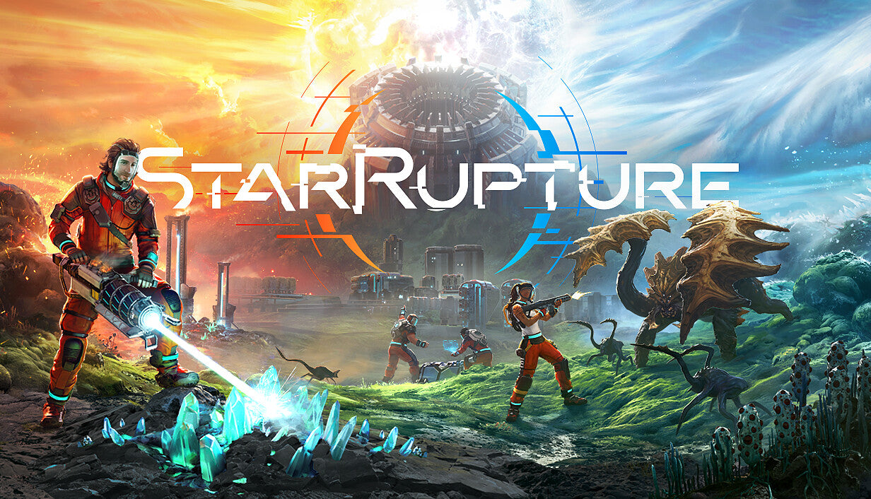 Cover art for StarRupture, illustrating astronauts in orange spacesuits mining glowing crystals and defending a futuristic industrial base from massive alien creatures under a dramatic, swirling sky.