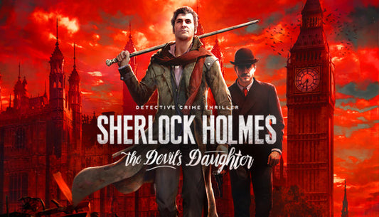 Official cover art for Sherlock Holmes: The Devil's Daughter featuring a detective in a dark, atmospheric setting.
