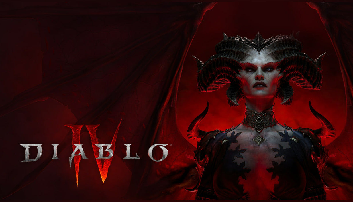 Official cover art for the action RPG Diablo IV featuring a dark, stylized character silhouette against a textured background.