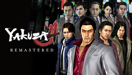 Official cover art for Yakuza 4 Remastered featuring four protagonists walking through a neon-lit Kamurocho street.