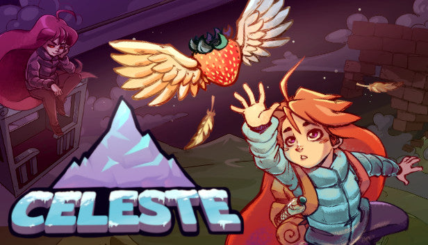 Official cover art for the indie platformer Celeste featuring pixel art of Madeline on a snowy mountain.