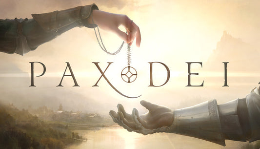 Official cover art for the medieval MMORPG Pax Dei featuring a character overlooking a vast, atmospheric mountain landscape.