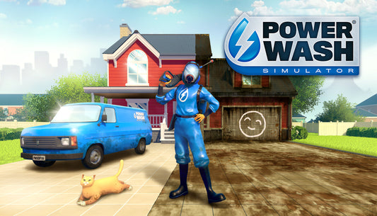 Official cover art for PowerWash Simulator featuring a person in a yellow suit using a high-pressure water sprayer.