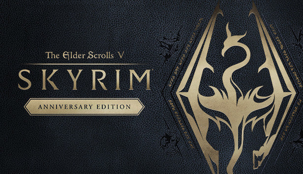 Official cover art for The Elder Scrolls V: Skyrim Anniversary Edition featuring the silver Dragonborn emblem on a textured gold background.