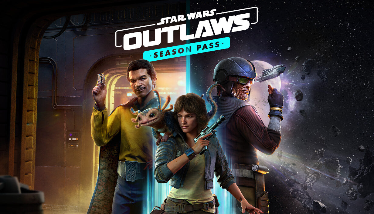 Official cover art for Star Wars Outlaws Season Pass featuring the protagonist Kay Vess and her companion Nix.