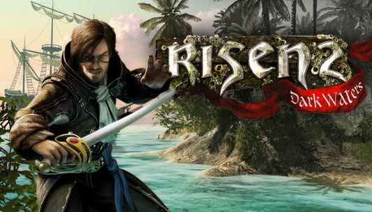 Official cover art for the action RPG Risen 2: Dark Waters featuring a pirate character and a tropical coastal landscape.