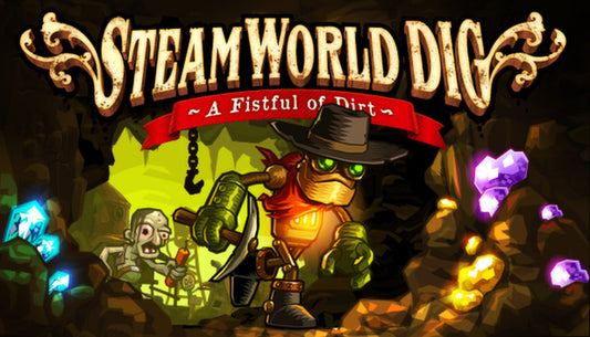 Cover art for the platform mining adventure game SteamWorld Dig featuring a steam-powered robot miner digging underground.