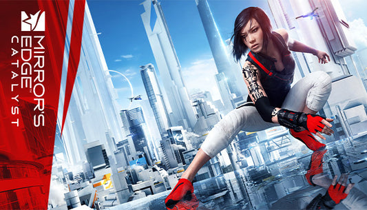 Official cover art for Mirror's Edge Catalyst featuring Faith Connors overlooking a futuristic glass-white cityscape.
