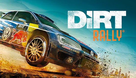 Official cover art for the rally racing simulation game DiRT Rally featuring a high-performance car on a dirt track.