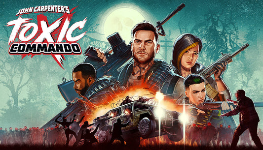 Cover art for John Carpenter's Toxic Commando, illustrating a stylized movie poster featuring four heavily armed commandos standing heroically over a military vehicle crashing through a massive horde of glowing red-eyed zombies.