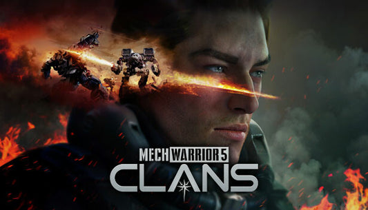 Official cover art for MechWarrior 5: Clans featuring a giant bipedal battle mech in a futuristic combat setting.