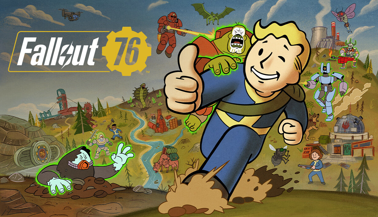 Cover art for Fallout 76, featuring a smiling Vault Boy giving a thumbs-up while running across a colorful, illustrated map of Appalachia filled with various creatures, robots, and vault dwellers.
