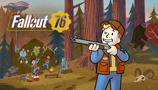 Official cover art for the action RPG Fallout 76 featuring Power Armor against a post-apocalyptic landscape.