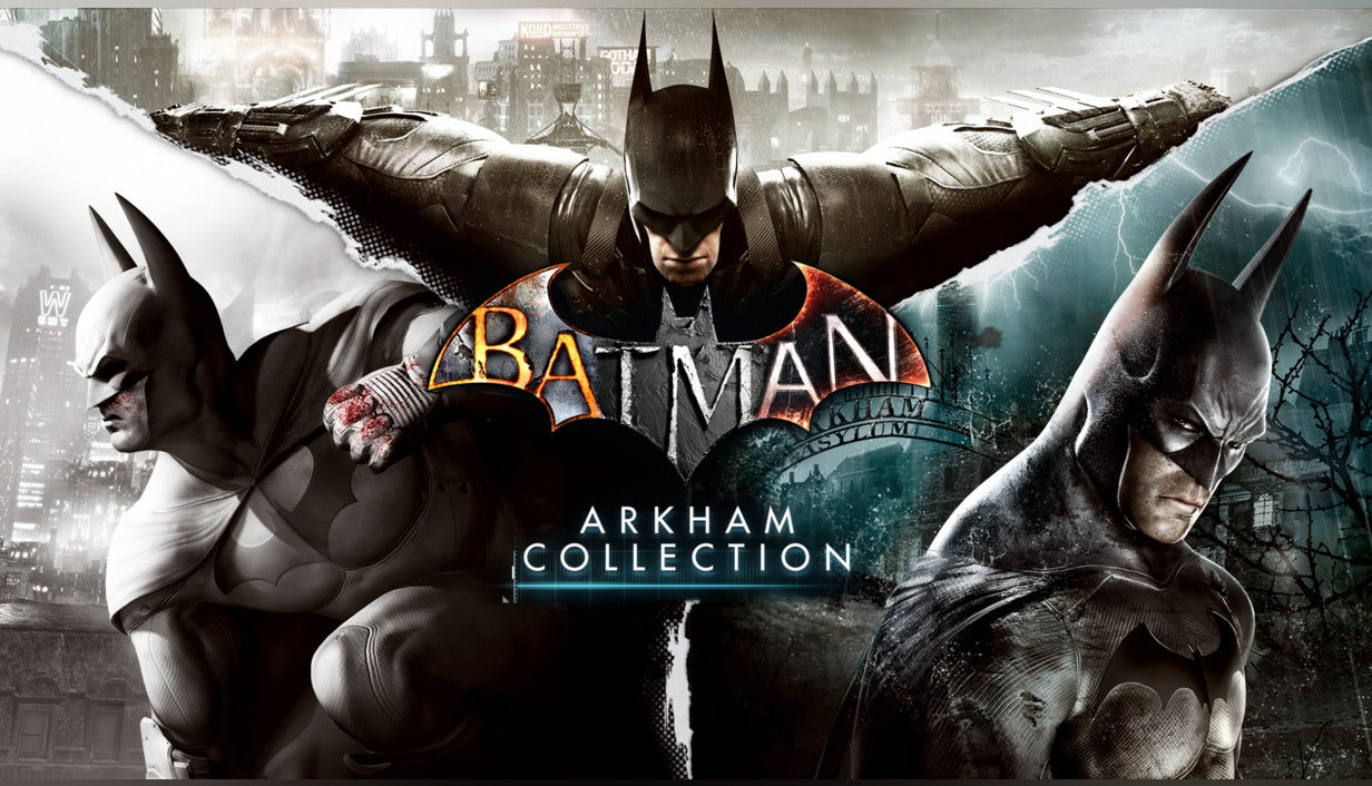 Cover art for Batman: Arkham Collection displaying a montage of three different versions of Batman from the series, including one crouching in black and white, one gliding with fully extended cape, and a dark close-up portrait on the right.