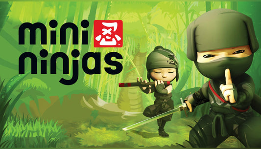 Vibrant green cover art for Mini Ninjas showing two cartoonish, cute ninjas in a bright bamboo forest; one holds a finger to their lips to signal silence while gripping a sword, and the other plays a bamboo flute in the background.