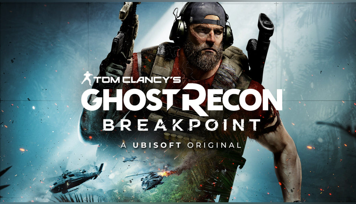 Official cover art for the tactical shooter Tom Clancy's Ghost Recon Breakpoint featuring a soldier in a rugged landscape.