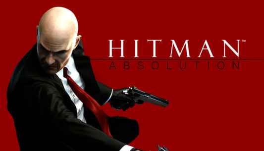 Official cover art for Hitman: Absolution featuring Agent 47 in a dark suit holding a silenced pistol.