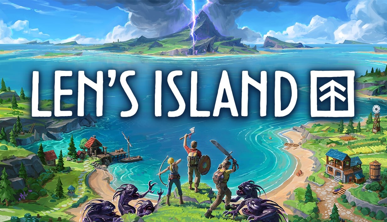 Cover art for Len's Island, depicting three armed adventurers standing on a grassy hill overlooking a beautiful coastal farm while fighting off shadowy, crawling monsters.